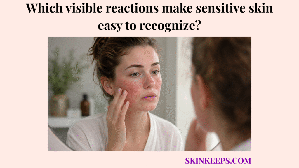 Woman looking in a mirror with visible facial redness, blotchiness, and mild irritation signs linked to sensitive skin.