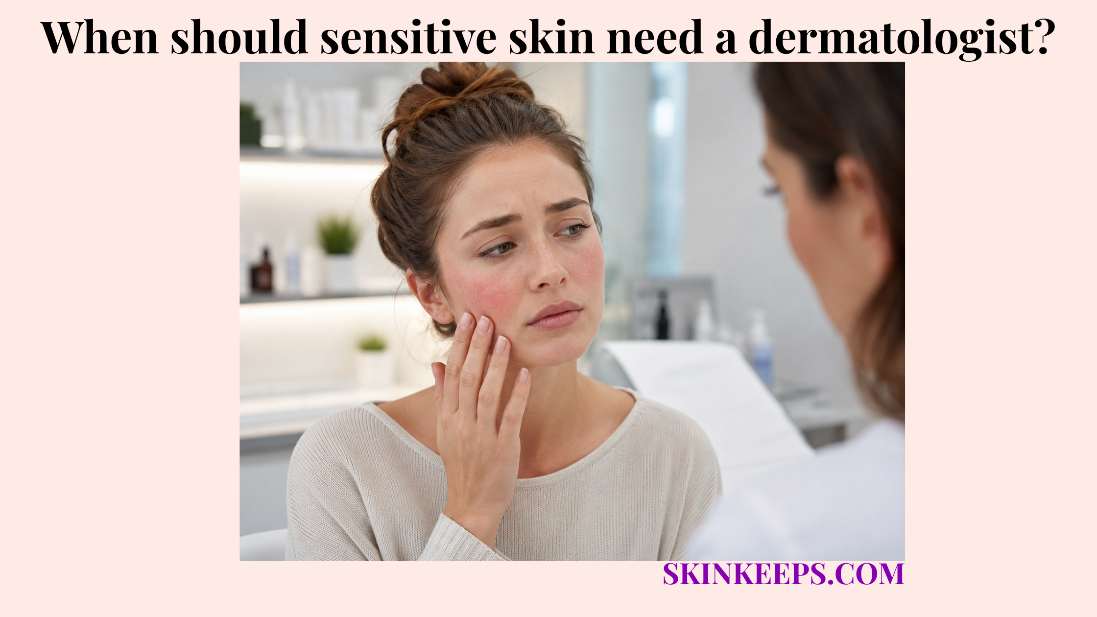 Realistic illustration of a woman with red, irritated sensitive skin speaking with a dermatologist in a clean clinical setting.