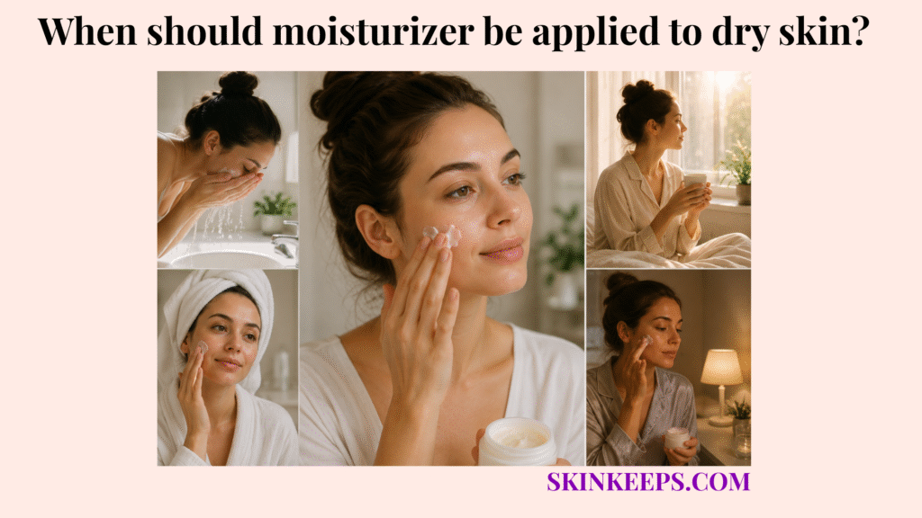 Collage of a woman washing her face and applying moisturizer during morning and evening dry skin care moments.