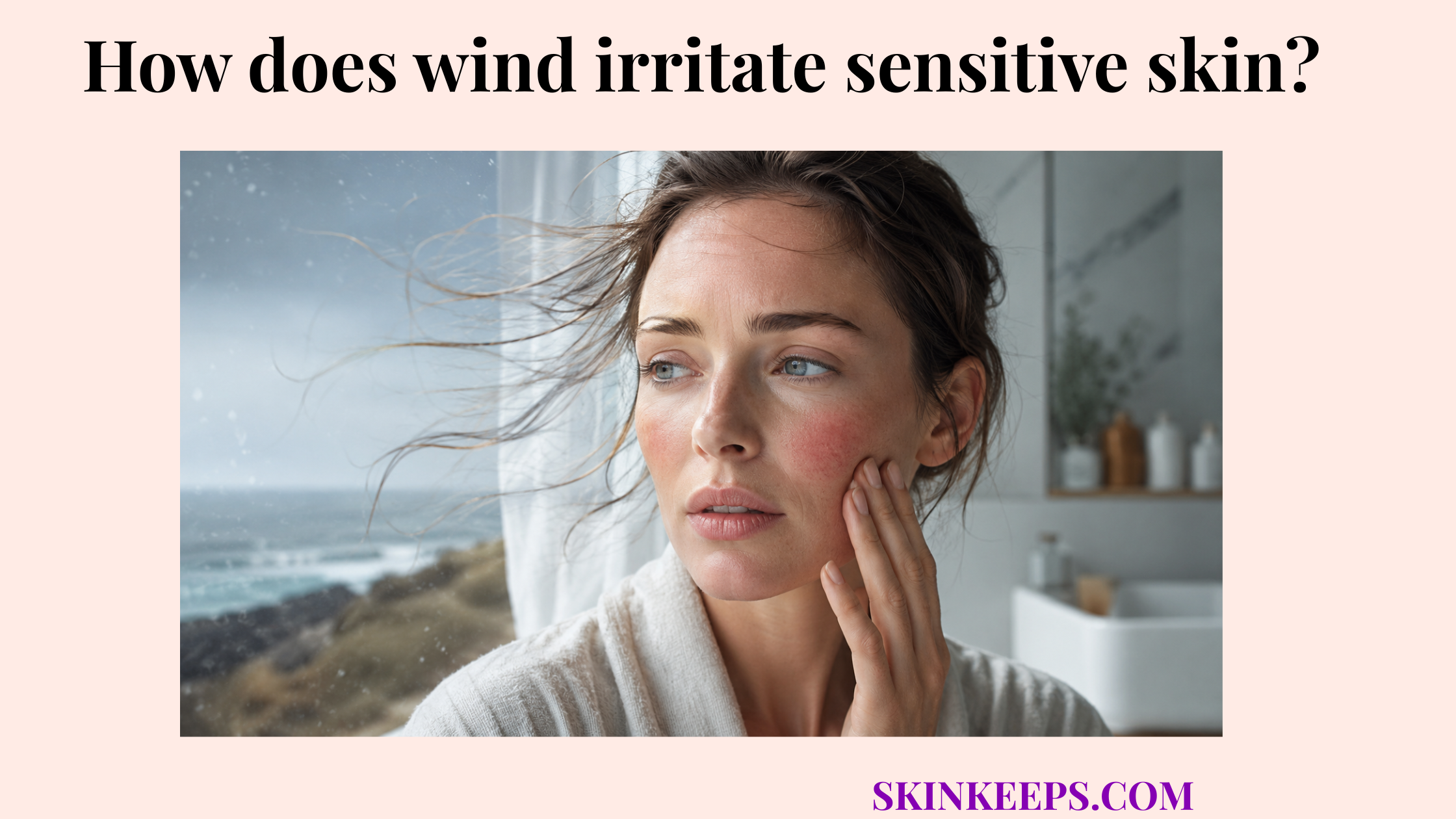 Realistic illustration of a woman touching mildly red sensitive skin near a windy window, showing wind-related skin irritation.