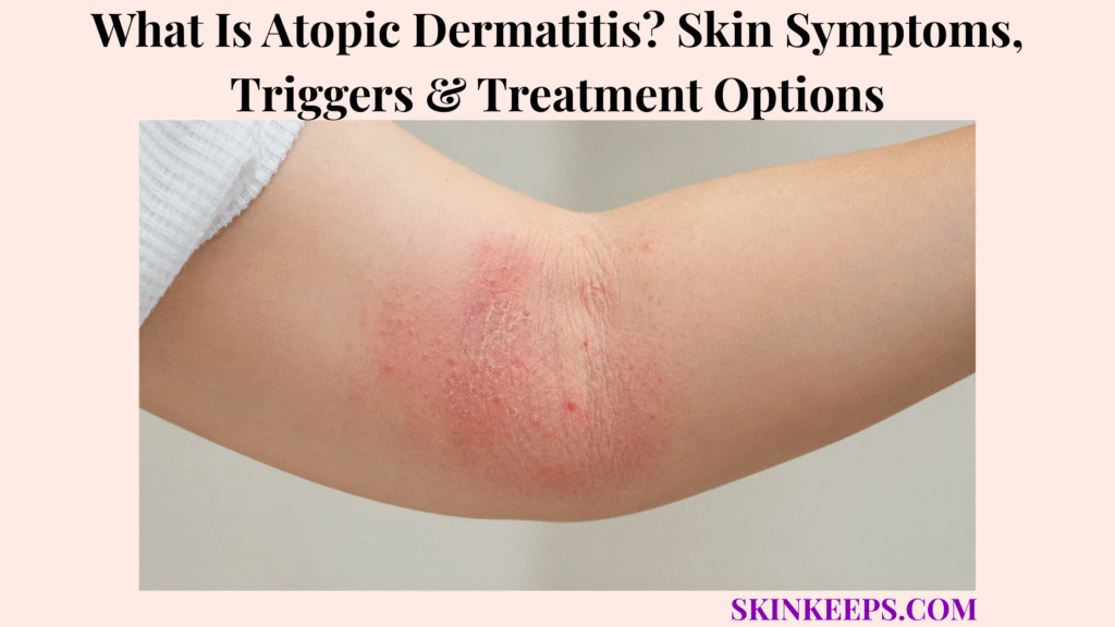 Realistic close-up of atopic dermatitis on the inner elbow showing red, dry, irritated, and slightly flaky skin