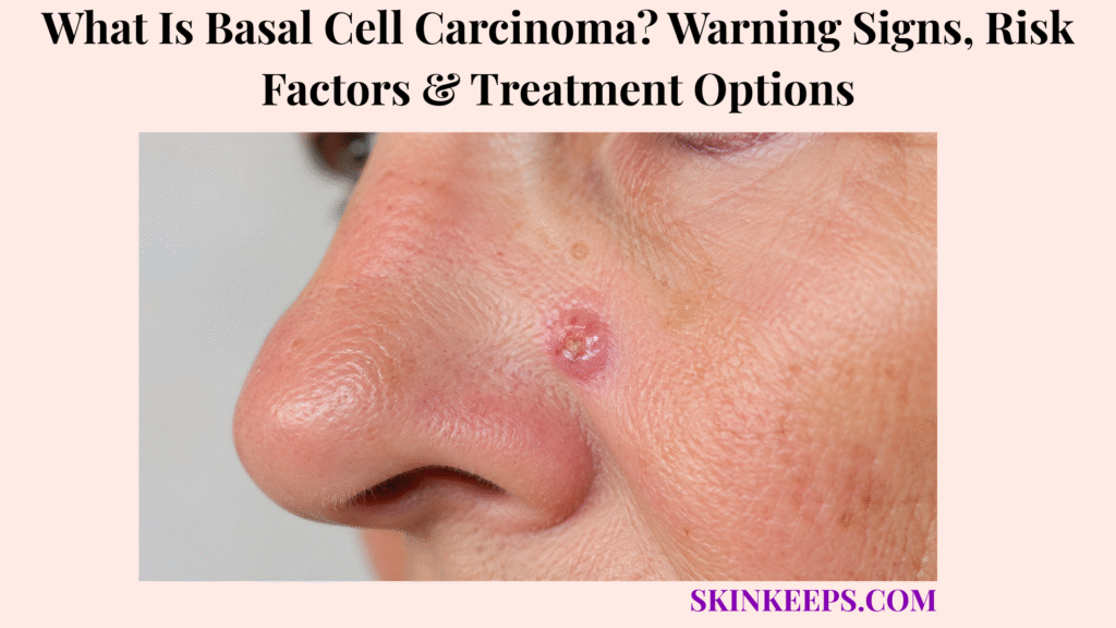 Realistic close-up of basal cell carcinoma on the side of the nose, showing a small pink raised lesion with a central crusted area.