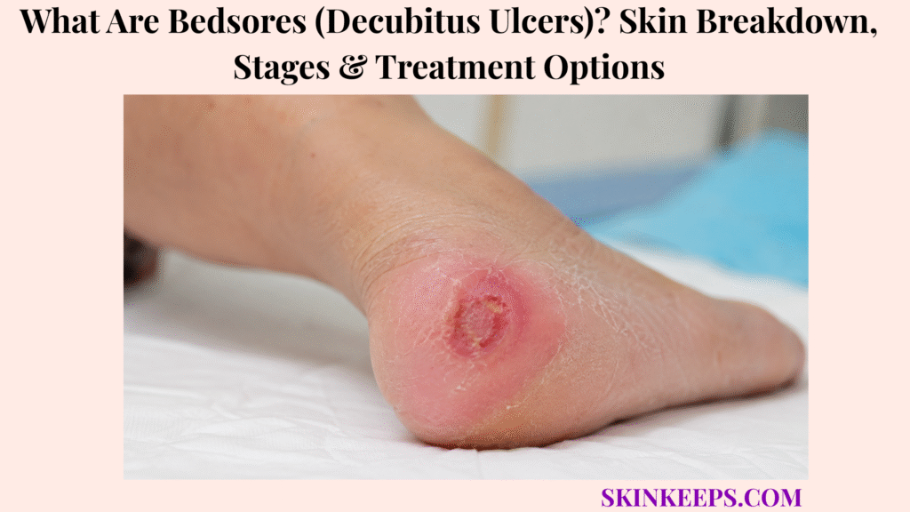 Realistic close-up of a pressure ulcer on the heel, showing localized redness, dry surrounding skin, and a shallow open wound.