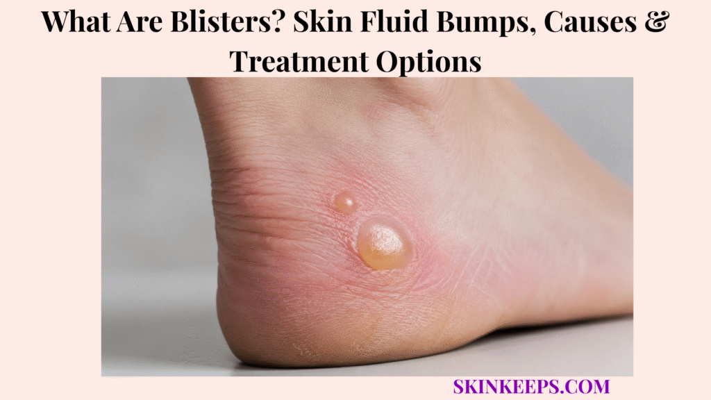 Realistic close-up of blisters on the heel showing two fluid-filled raised bumps with mild surrounding redness.