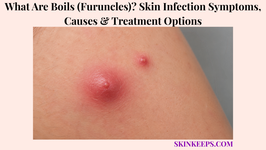 Realistic close-up of boils showing two red, swollen skin bumps with small pus-filled centers and surrounding inflammation.