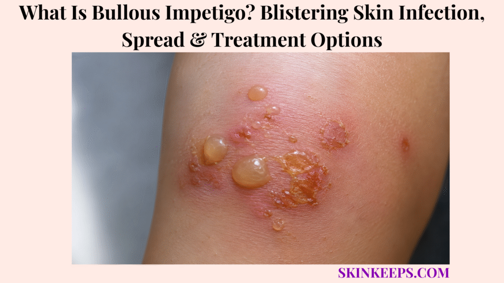 Realistic close-up of bullous impetigo showing fluid-filled blisters, ruptured areas, honey-colored crusting, and surrounding skin redness.
