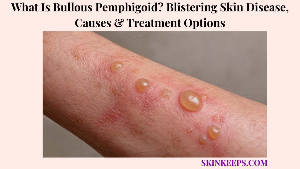 Realistic close-up of bullous pemphigoid showing multiple tense, fluid-filled blisters on red and inflamed skin.
