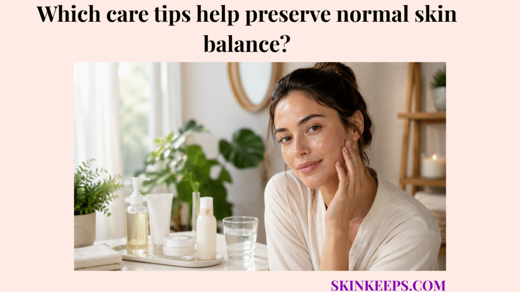 Realistic skincare portrait of healthy normal skin with gentle cleanser, moisturizer, sunscreen, water, towel, and plants showing care tips that preserve skin balance.