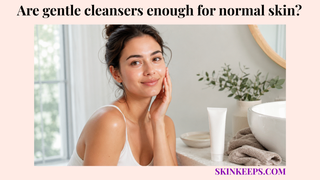 Realistic skincare portrait of healthy normal skin beside a gentle cleanser, sink, towel, and water cues, suggesting simple cleansing may be enough for normal skin.