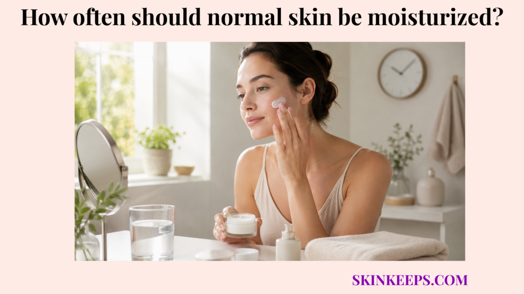 Realistic skincare portrait of healthy normal skin while applying moisturizer, with a cream jar, water glass, towel, mirror, and clock suggesting a regular moisturizing routine.