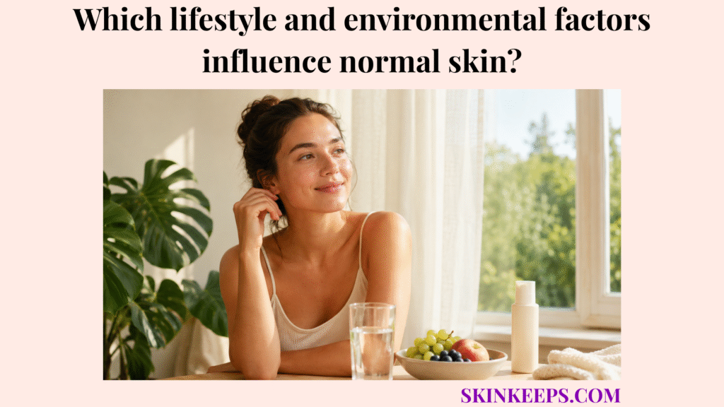Realistic lifestyle portrait of healthy normal skin near a sunlit window with water, fruit, skincare bottle, plants, and outdoor greenery showing lifestyle and environmental influences.