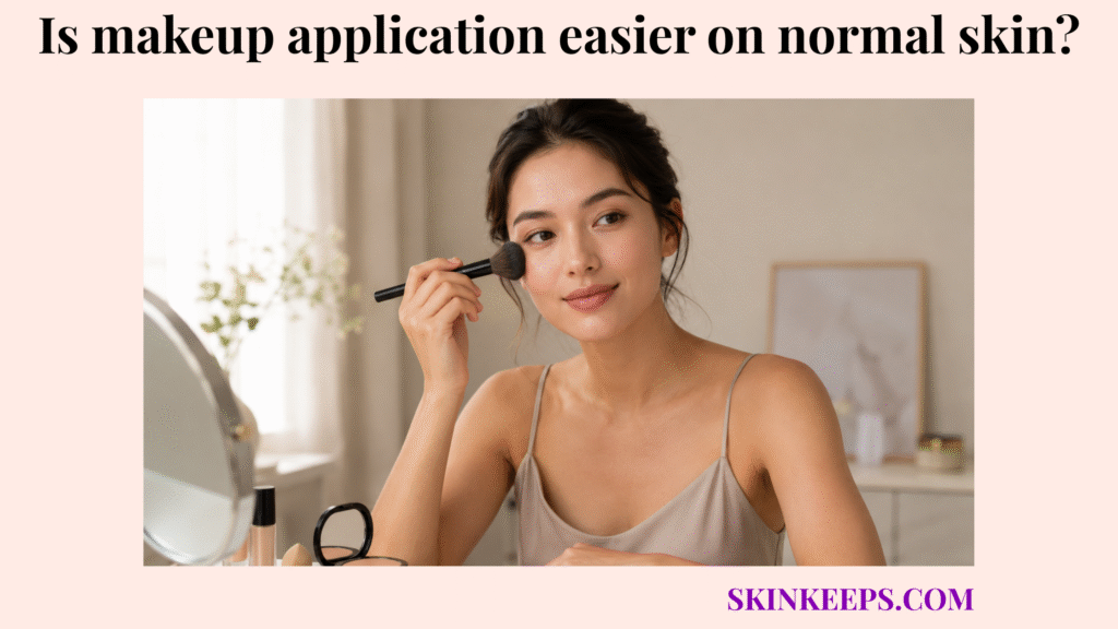 Realistic beauty portrait of smooth, balanced normal skin while applying makeup with a brush, suggesting makeup may apply more evenly on normal skin.
