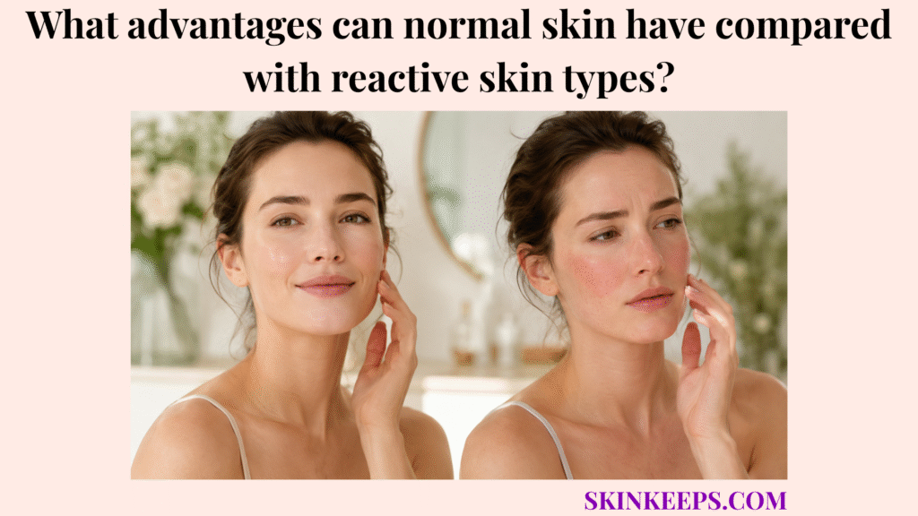 Realistic side-by-side skincare portrait comparing calm normal skin with mildly reactive skin, showing normal skin as more even, balanced, and less visibly irritated.