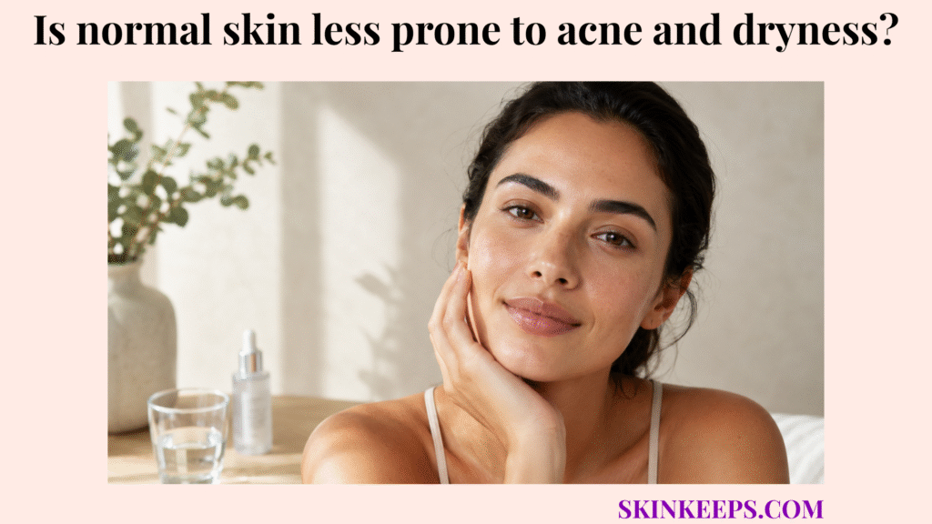 Realistic close-up portrait of healthy normal skin with a clear, balanced complexion, no visible acne, and no flaky dry patches, suggesting lower proneness to acne and dryness.