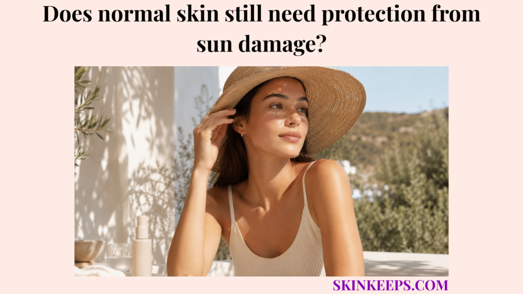 Realistic sunlit portrait of healthy normal skin with a wide-brim hat, sunscreen bottle, and outdoor light showing the need for sun protection.