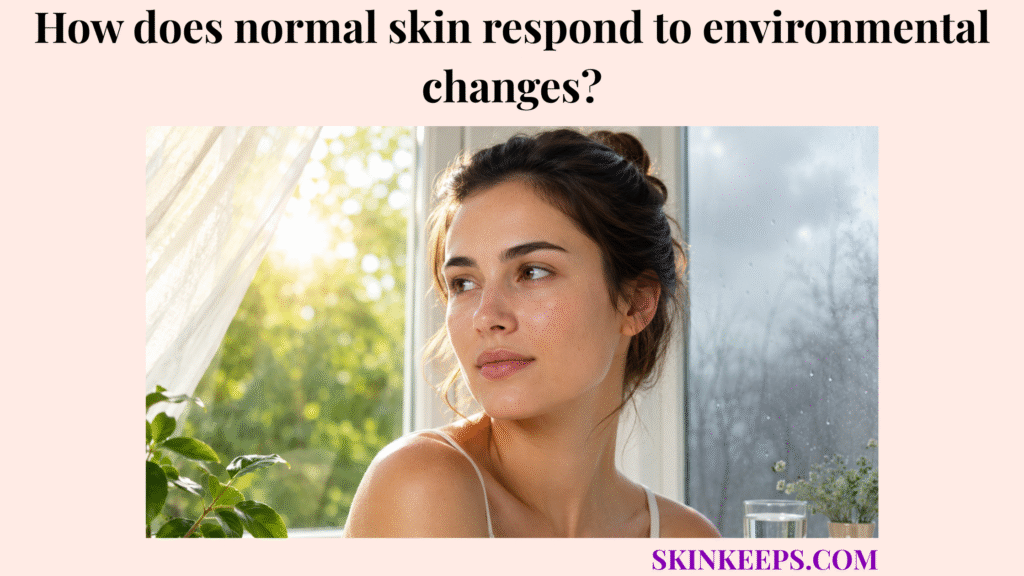 Realistic portrait of healthy normal skin near a window with sunlight, greenery, rain, and moisture cues showing response to environmental changes.