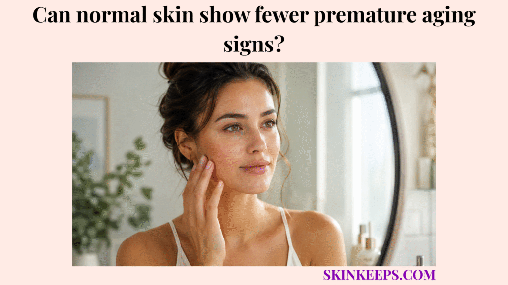 Realistic skincare portrait of healthy normal skin with smooth texture, even tone, and minimal fine lines, suggesting fewer premature aging signs.