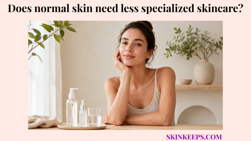Realistic skincare portrait of healthy normal skin with a simple cleanser, serum, and water glass, suggesting normal skin may need less specialized skincare.