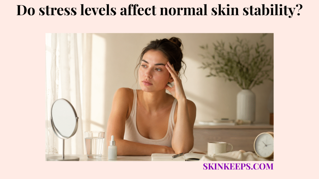 Realistic portrait of healthy normal skin with a thoughtful expression, water, skincare item, notebook, cup, and clock suggesting stress may affect skin stability.